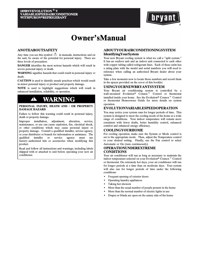 Page 1 de la notice Manuel utilisateur Bryant Evolution 189BNV