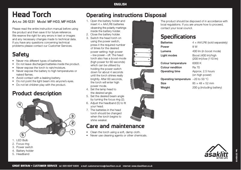 Page 1 de la notice Manuel utilisateur Asaklitt MF-H03