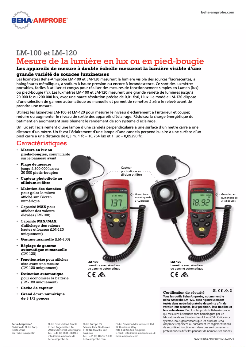 Page 1 de la notice Fiche technique Beha-Amprobe LM-120