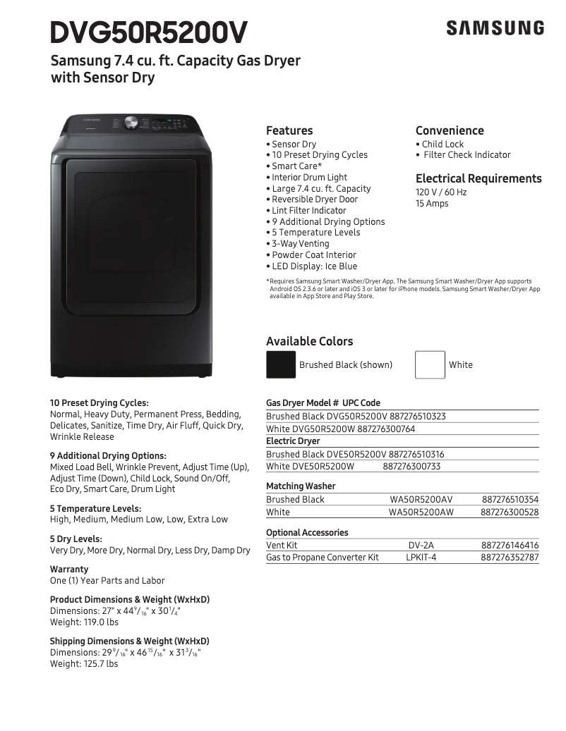 Página 1 del manual Ficha técnica Samsung DVG50R5200W