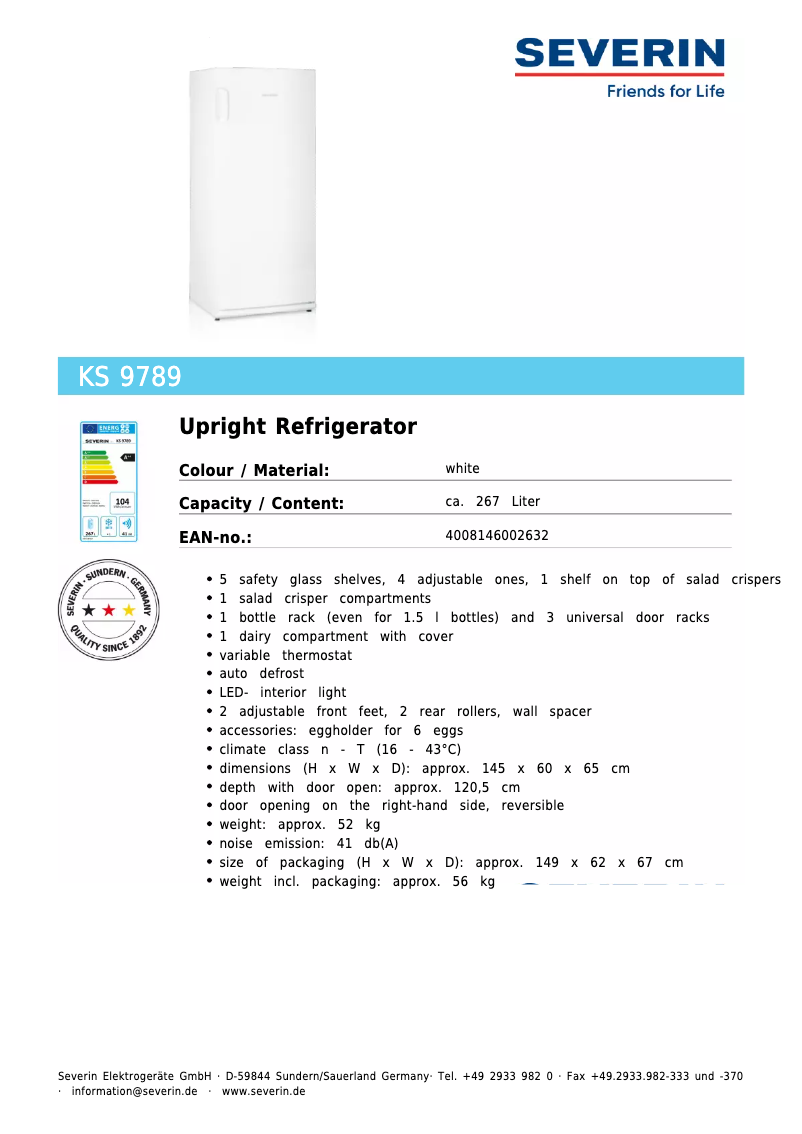 Page 1 de la notice Fiche technique Severin KS 9789