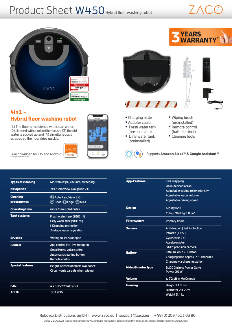 Page 1 de la notice Fiche technique Zaco W450