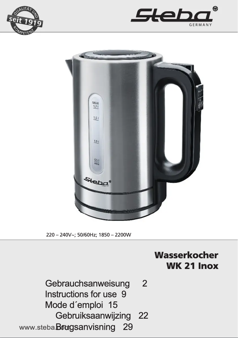 Page 1 de la notice Manuel utilisateur Steba WK 21 Inox
