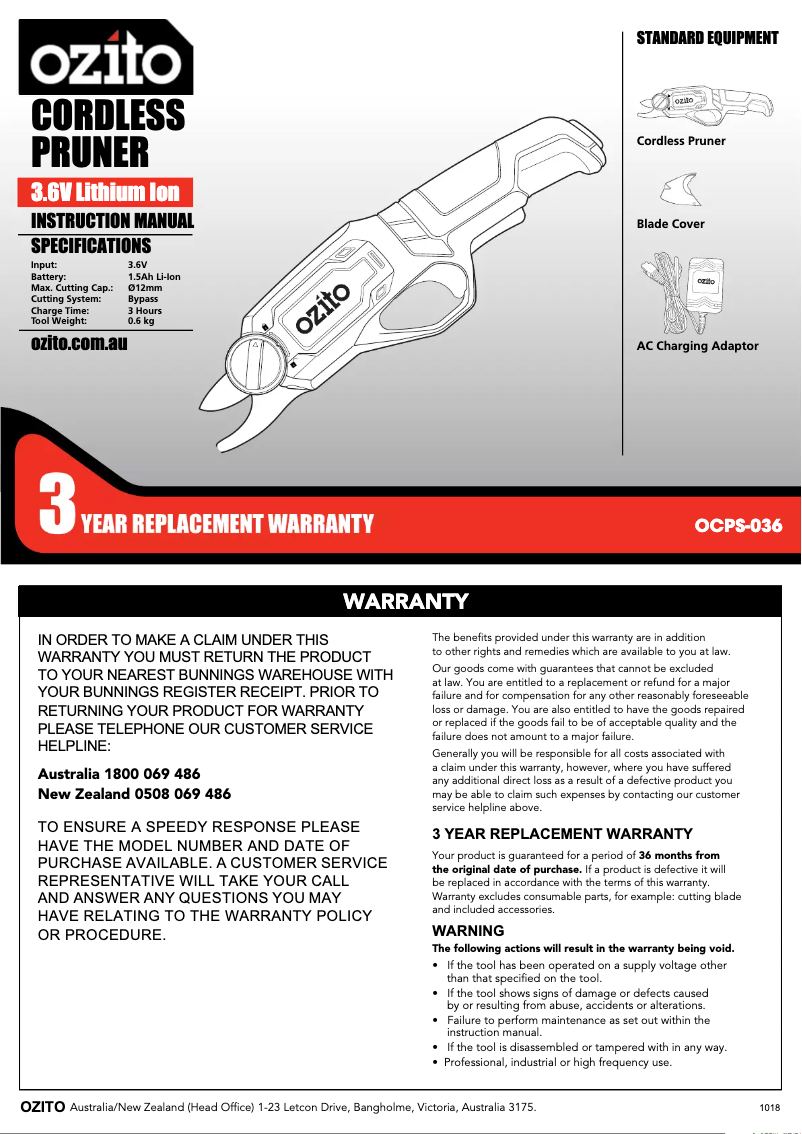 Page 1 de la notice Manuel utilisateur Ozito OCPS-036