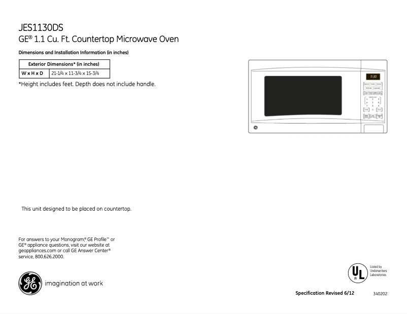 Página 1 del manual Ficha técnica GE JES1130DSWW