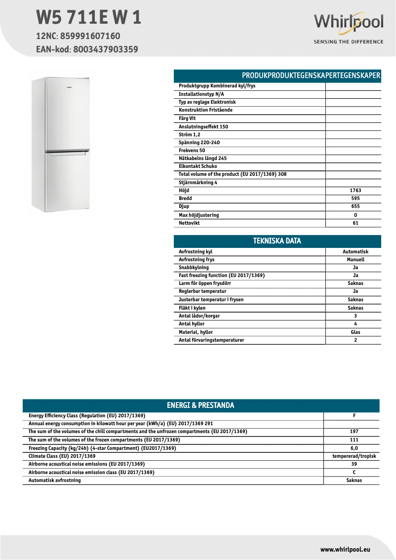 Página 1 del manual Ficha técnica Whirlpool W5 711E W 1