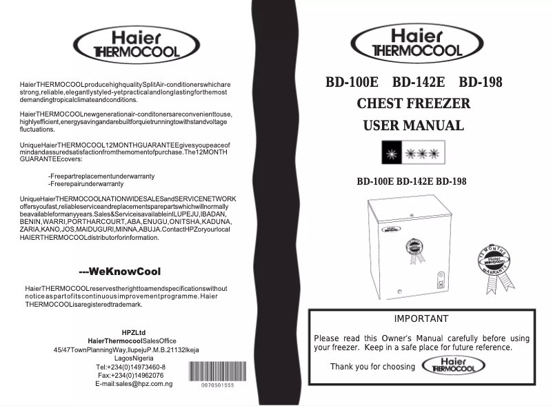 Page 1 de la notice Manuel utilisateur Haier-Thermocool BD-198