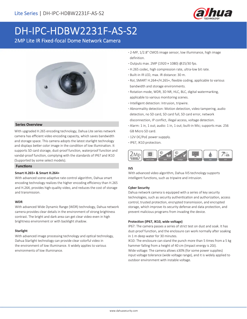 Page 1 de la notice Fiche technique Dahua Technology IPC-HDBW2231F-AS-S2