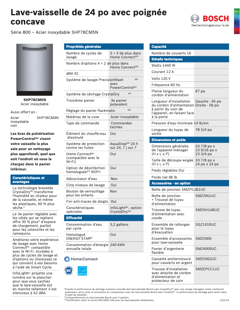 Page 1 de la notice Fiche technique Bosch SHP78CM5N
