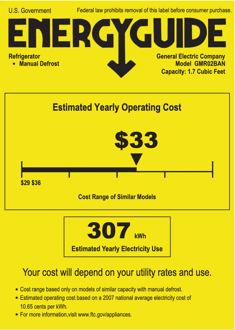 Page 1 of the manual Energy Label GE GMR02BANWW