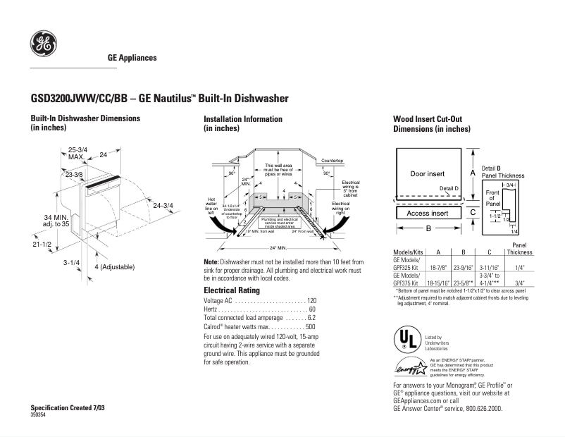 Page 1 de la notice Fiche technique GE Nautilus GSD3200JCC