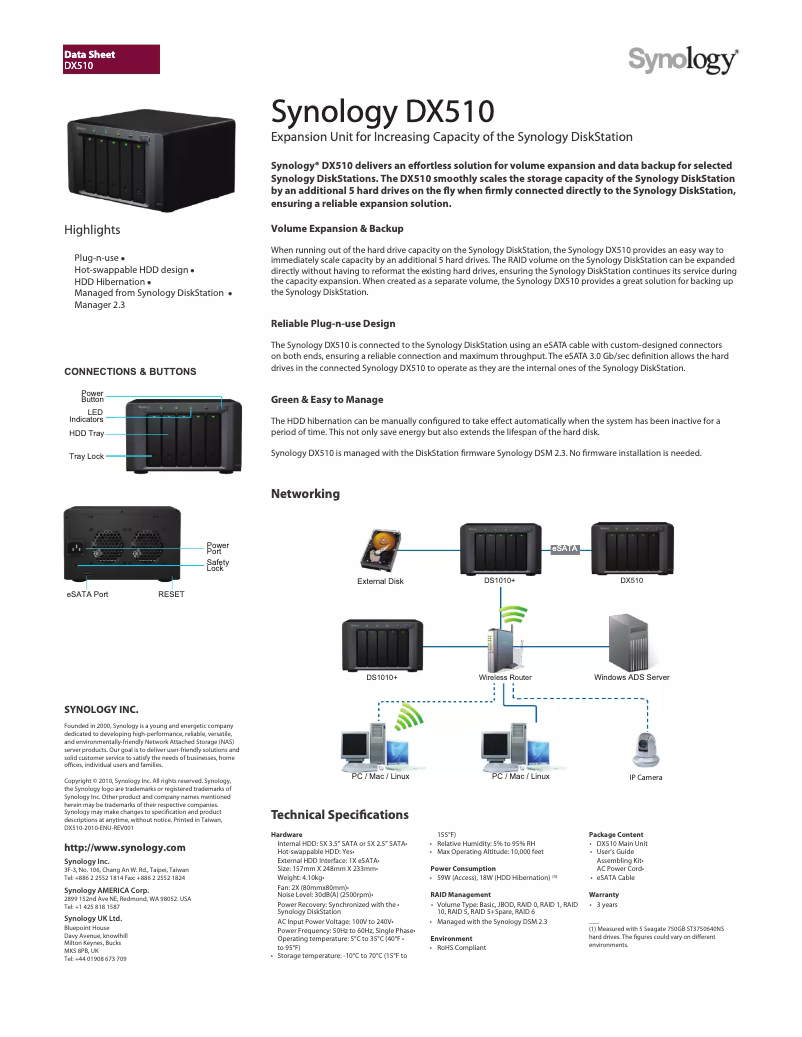 Page 1 de la notice Fiche technique Synology DX510