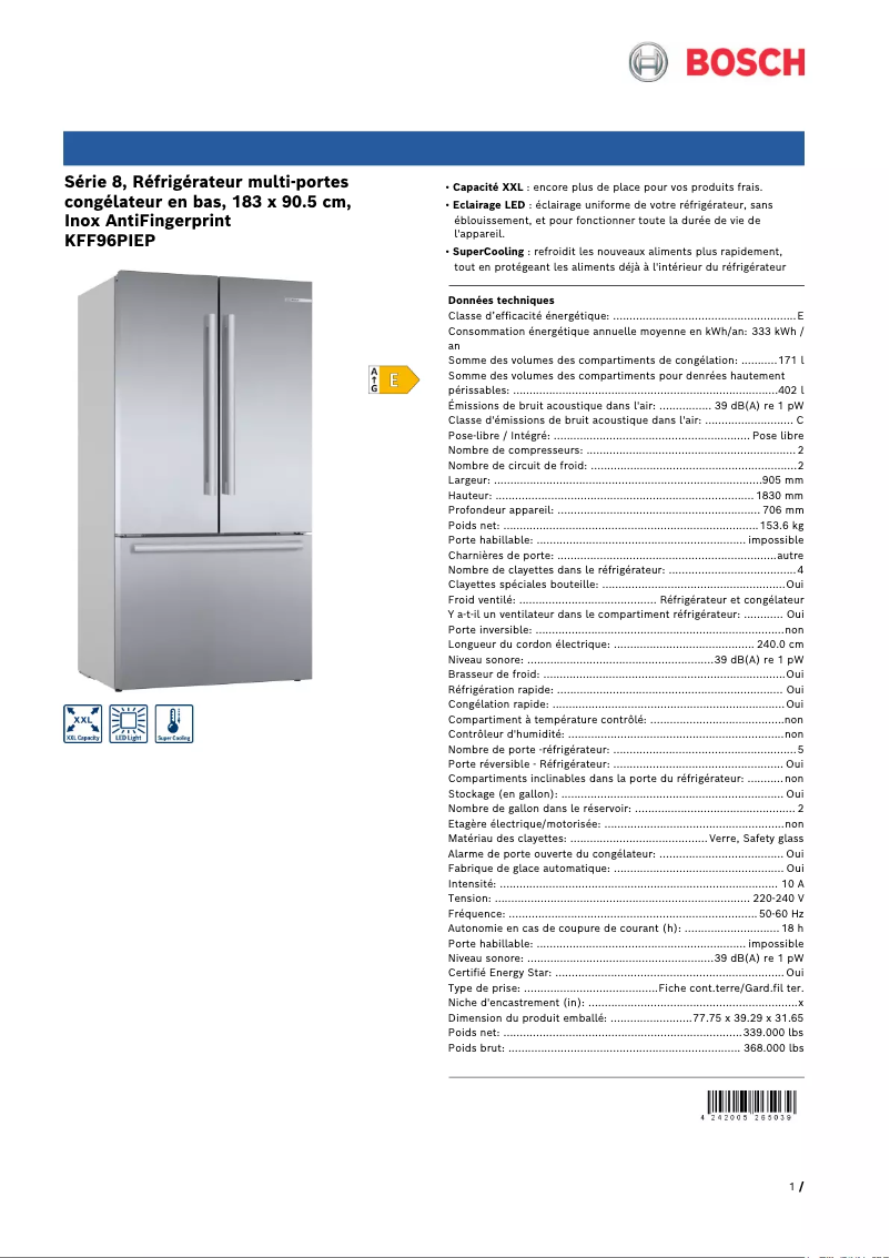 Page 1 of the manual Technical Sheet Bosch KFF96PIEP