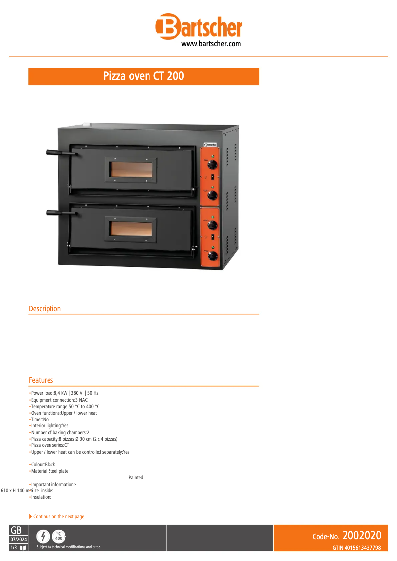 Page 1 de la notice Fiche technique Bartscher CT 200