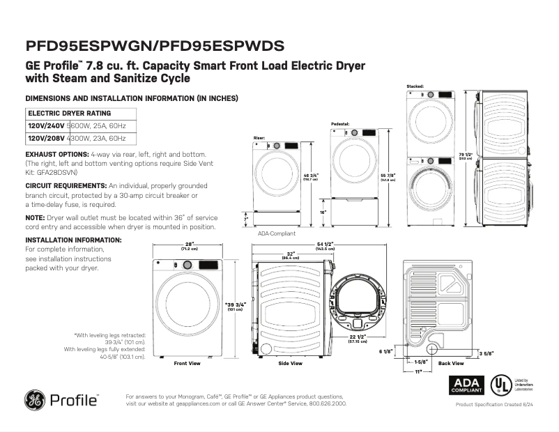 Page 1 of the manual Technical Sheet GE PFD95ESPWGN