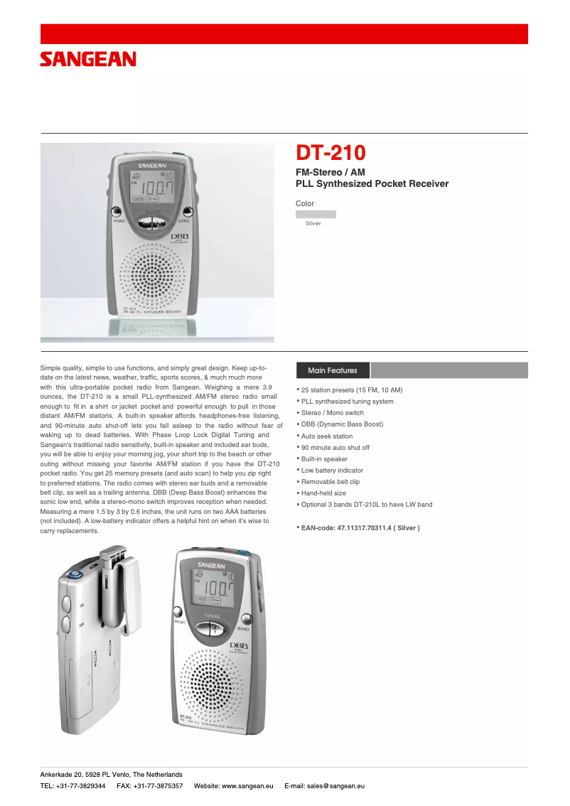 Page 1 de la notice Fiche technique Sangean DT-210