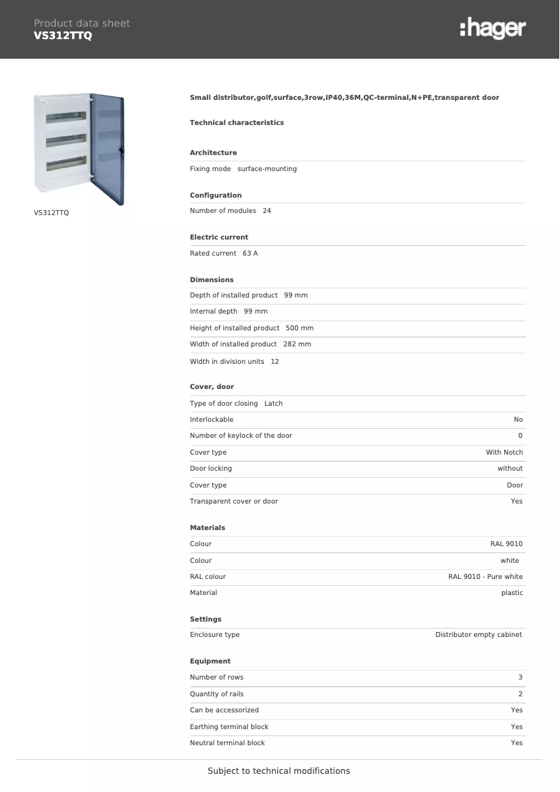 Page 1 de la notice Fiche technique Hager VS312TTQ