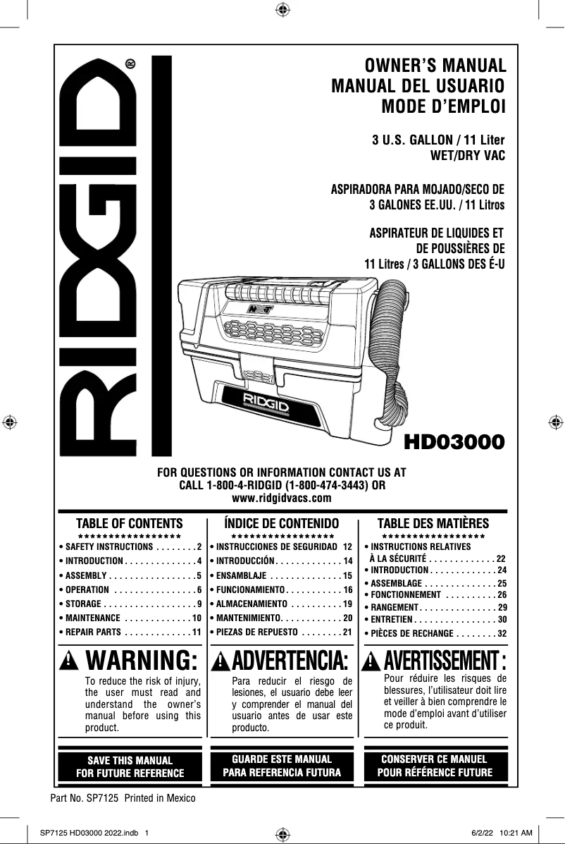 Página 1 del manual Manual de usuario Ridgid HD03000