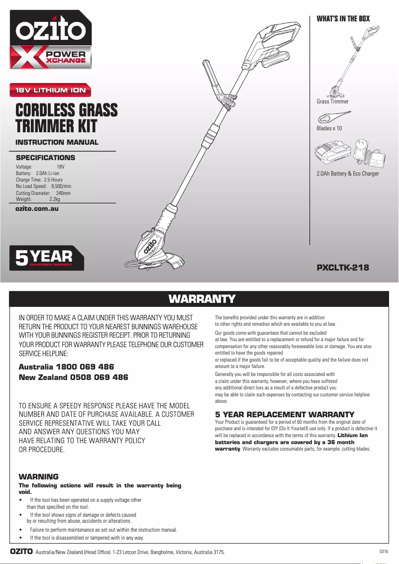 Page 1 de la notice Mode d'emploi Ozito PXCLTK-218
