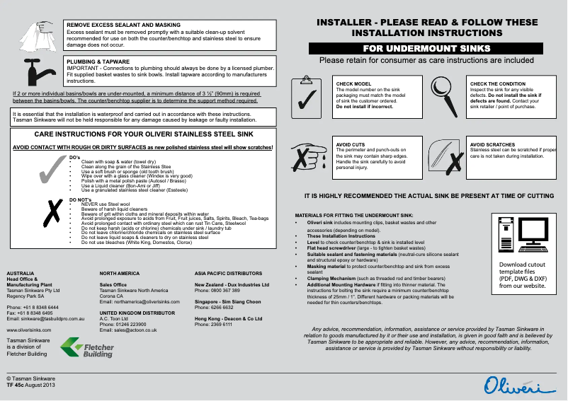 Page 1 de la notice Guide d'installation Oliveri PR1130U