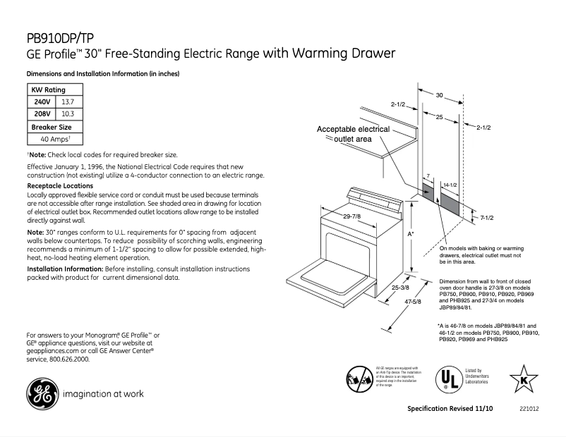 Página 1 del manual Ficha técnica GE Profile PB910TPWW