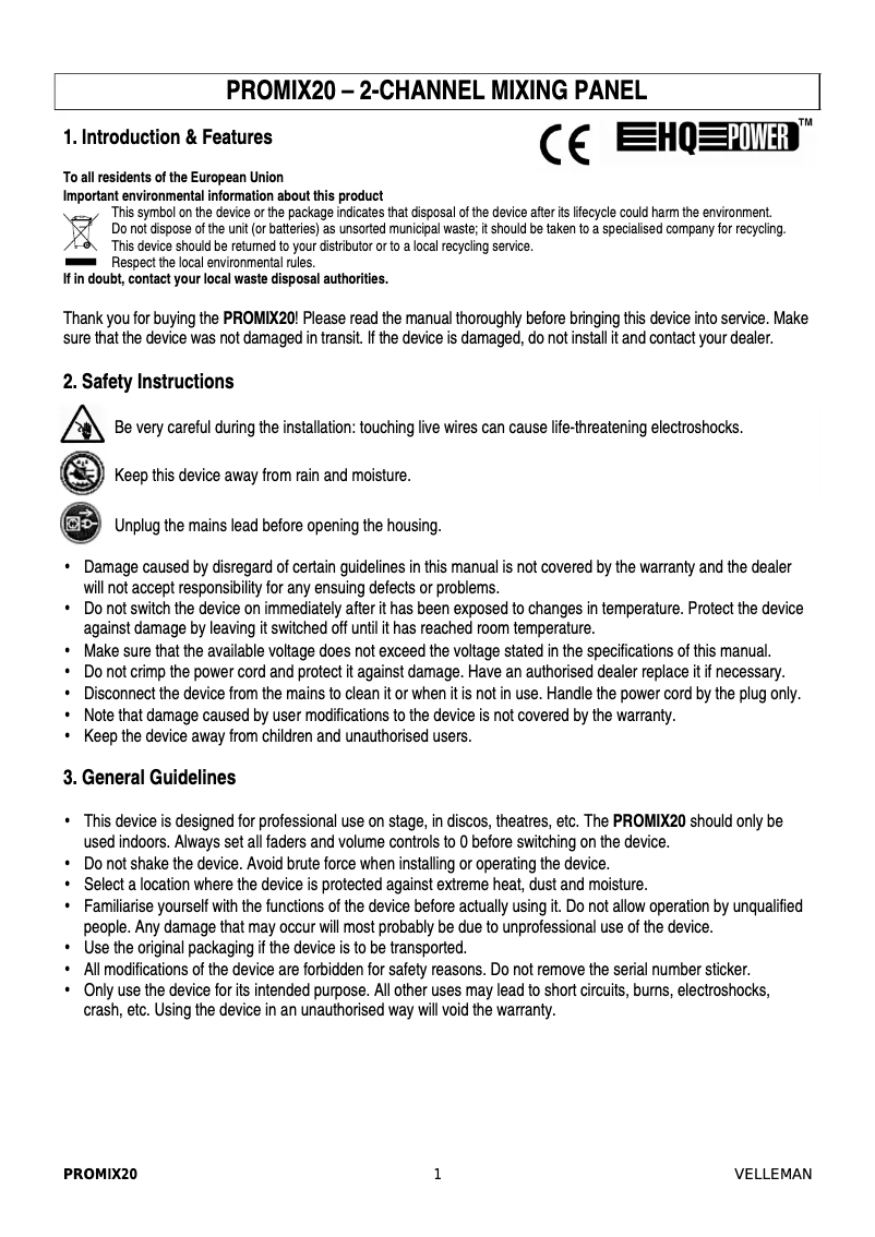 Page 1 of the manual User Manual HQ Power PROMIX20