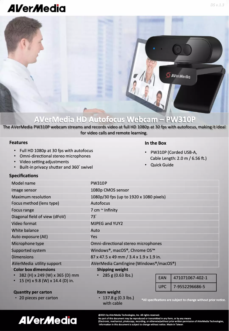 Page 1 de la notice Fiche technique AVerMedia PW310P