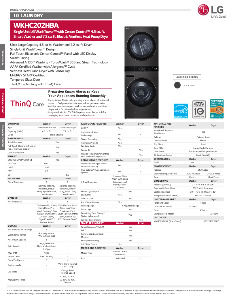 Page 1 de la notice Fiche technique LG WKHC202HBA