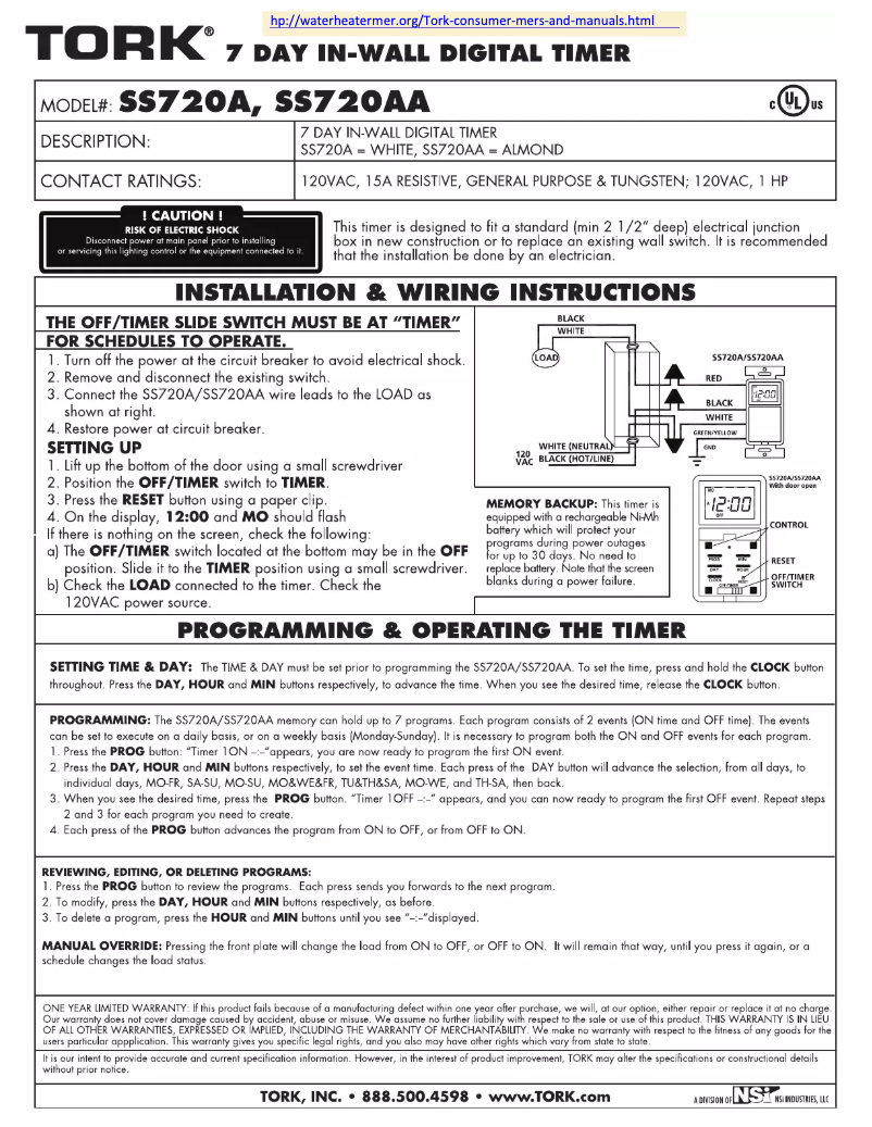 Page 1 de la notice Manuel utilisateur Tork SS720A