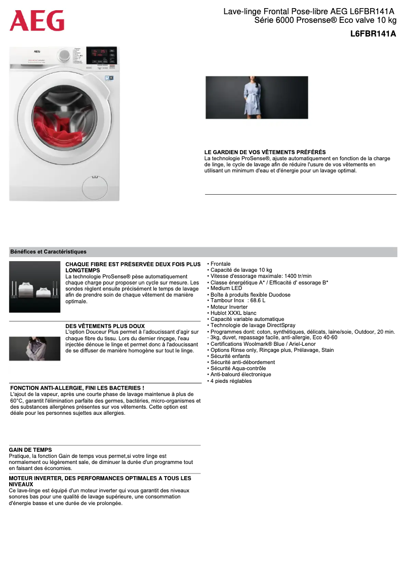 Página 1 del manual Ficha técnica AEG L6FBR141A