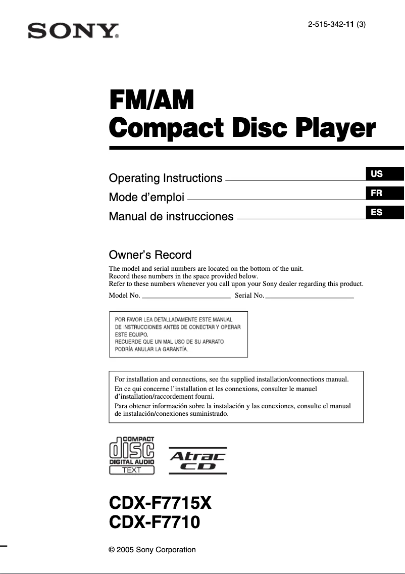 Page 1 de la notice Manuel utilisateur Sony CDX-F7715X