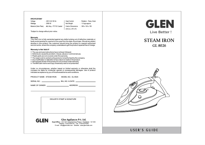 Page 1 de la notice Manuel utilisateur Glen GL 8026