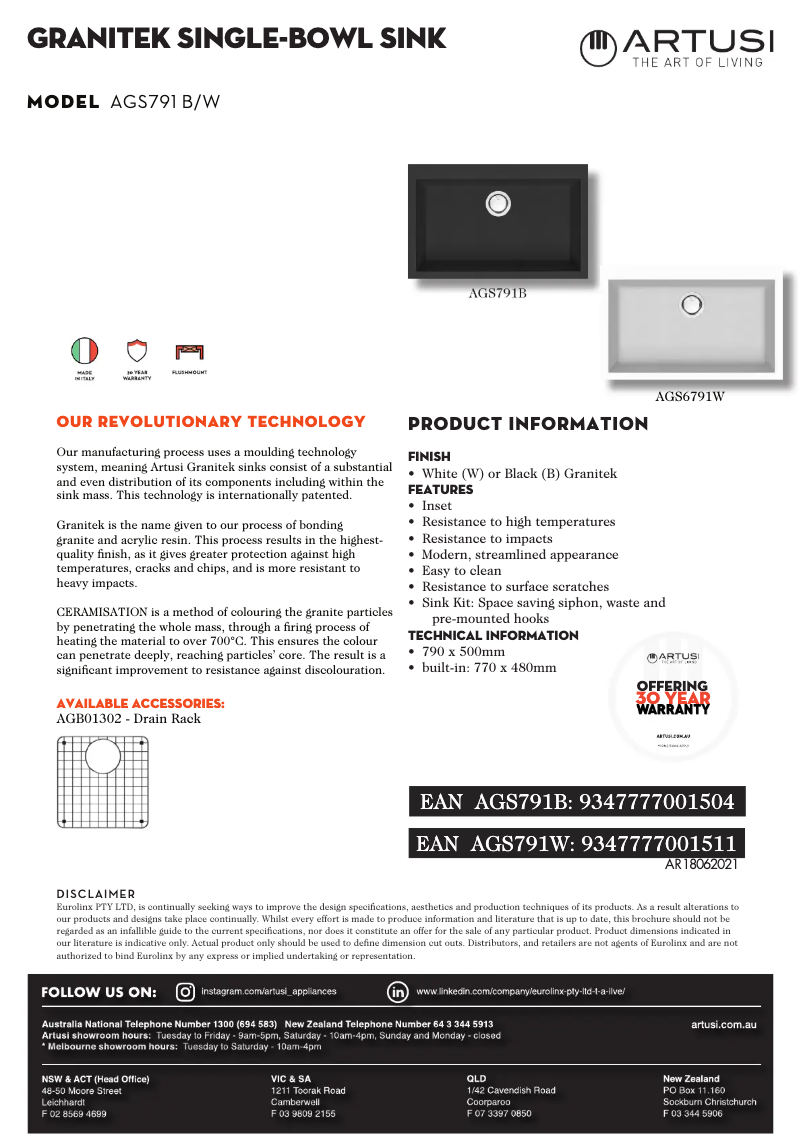 Página 1 del manual Ficha técnica Artusi AGS791W