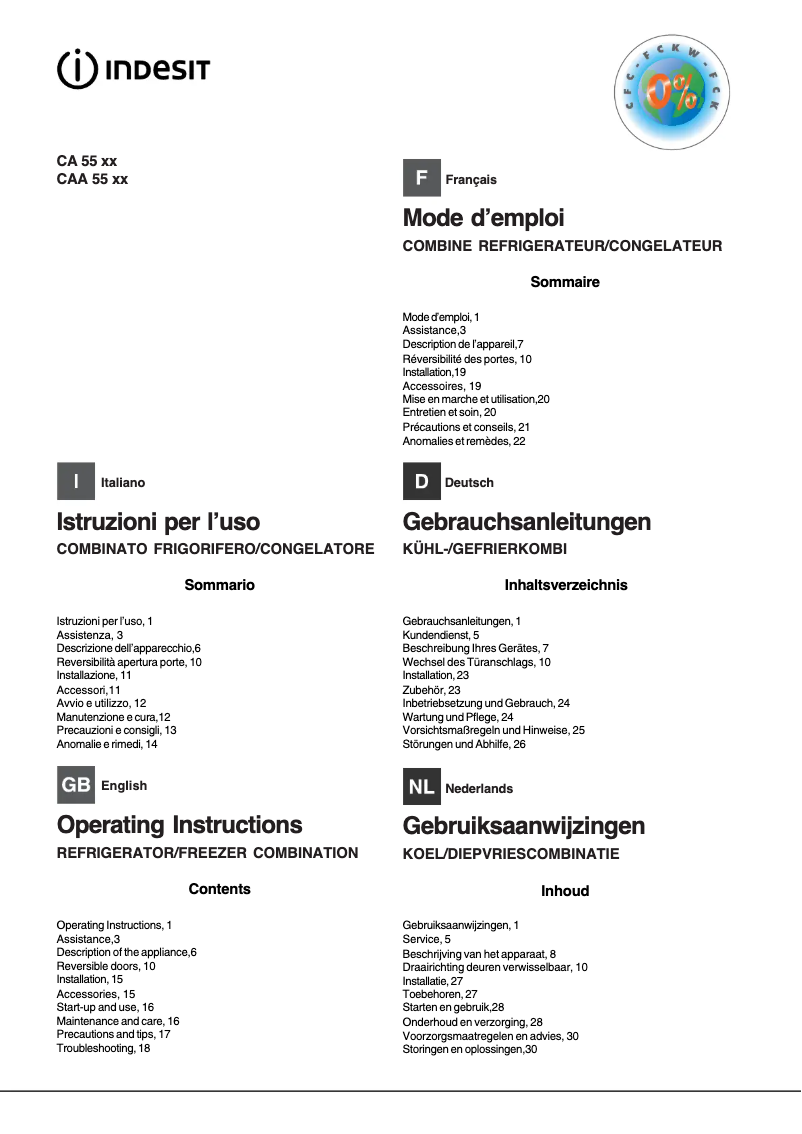 Page 1 de la notice Manuel utilisateur Indesit CAA55NF