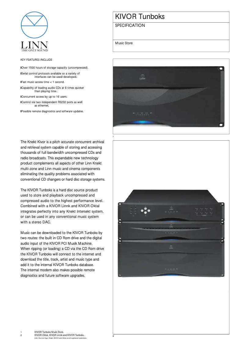 Page 1 de la notice Fiche technique Linn Kivor Tunebox