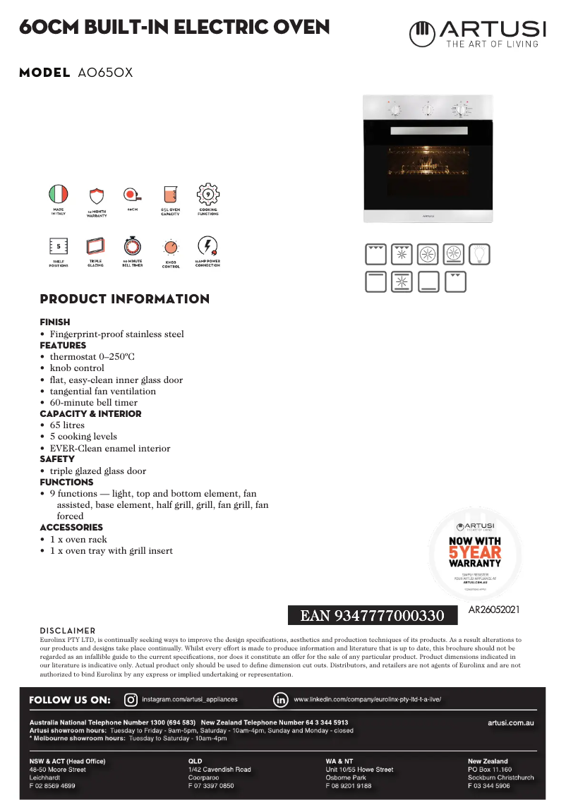 Page 1 de la notice Fiche technique Artusi AO650X