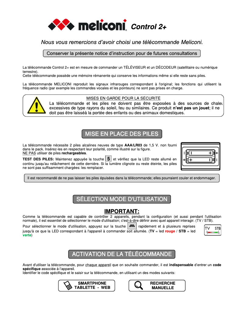 Page 1 de la notice Manuel utilisateur Meliconi Control 2+