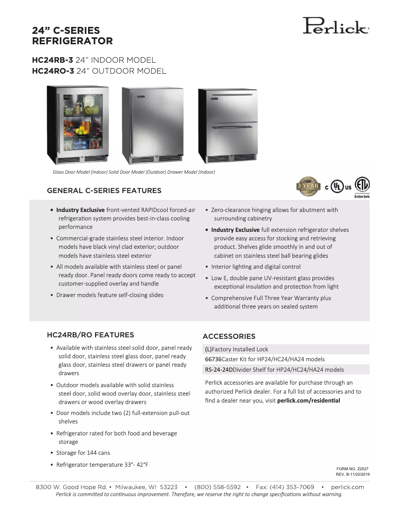Page 1 de la notice Fiche technique Perlick C-Series HC24RO-3-1R