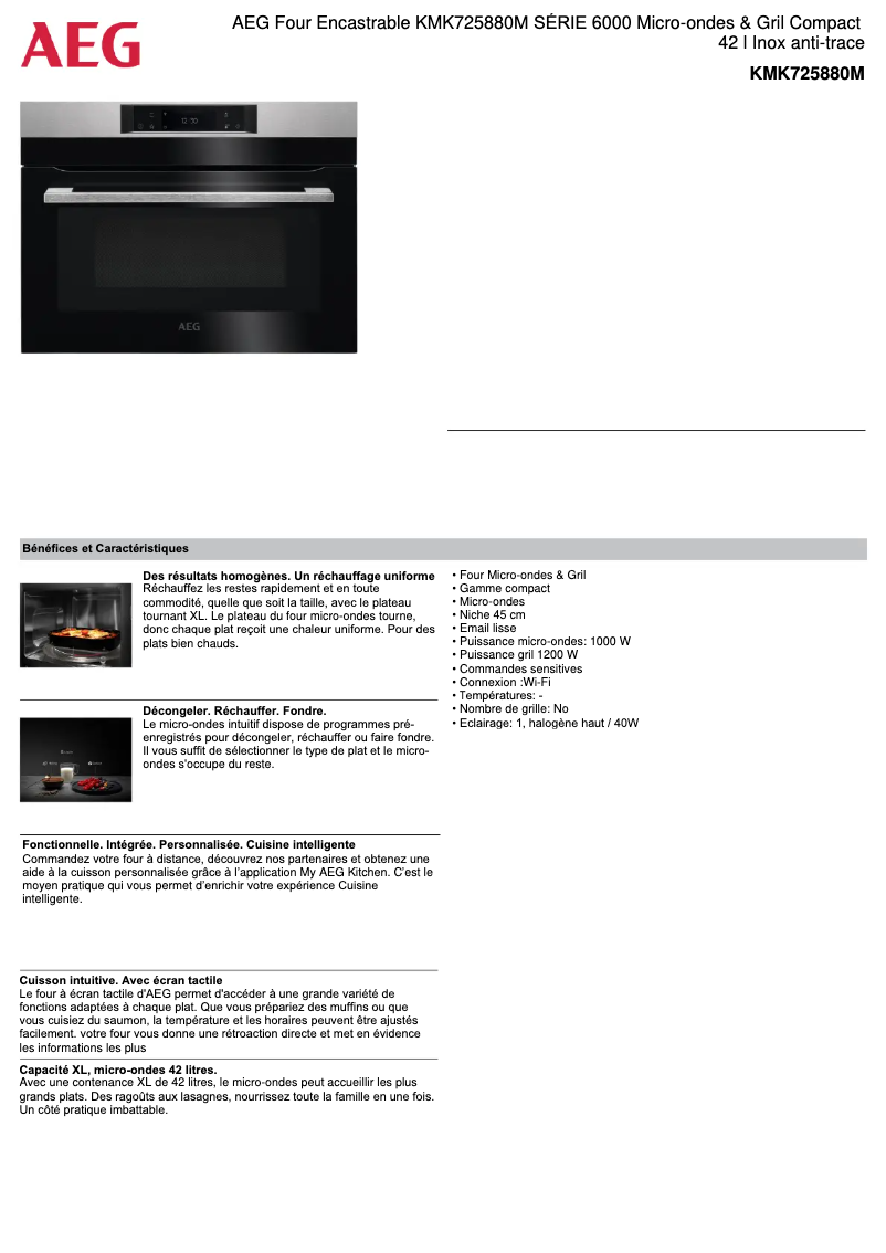 Page 1 de la notice Fiche technique AEG KMK725880M