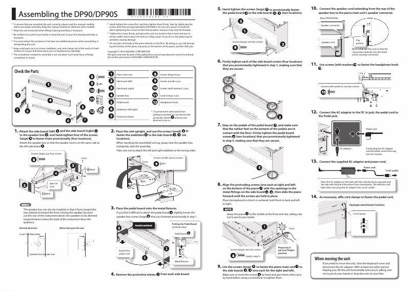 Page 1 de la notice Instructions / montage Roland DP-90