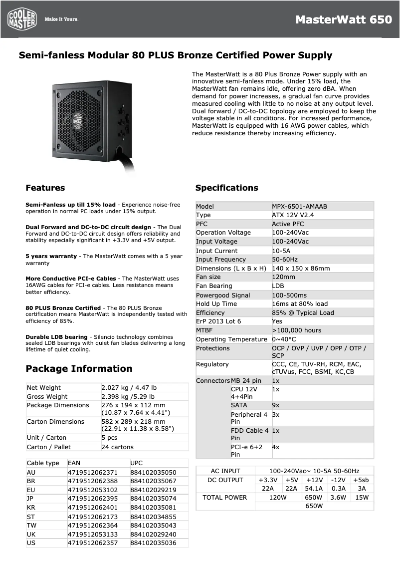 Page 1 de la notice Manuel utilisateur Cooler Master MasterWatt 650