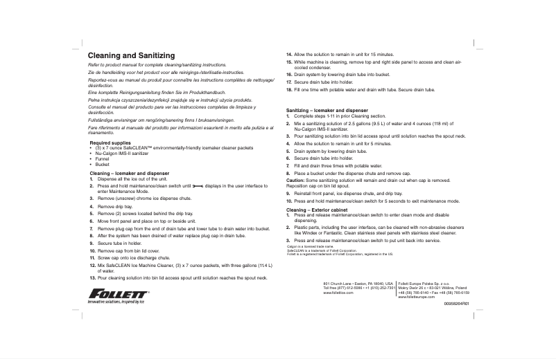 Page 1 of the manual Instructions / Assembly Follett 7FS100A-IW-CF-ST-00