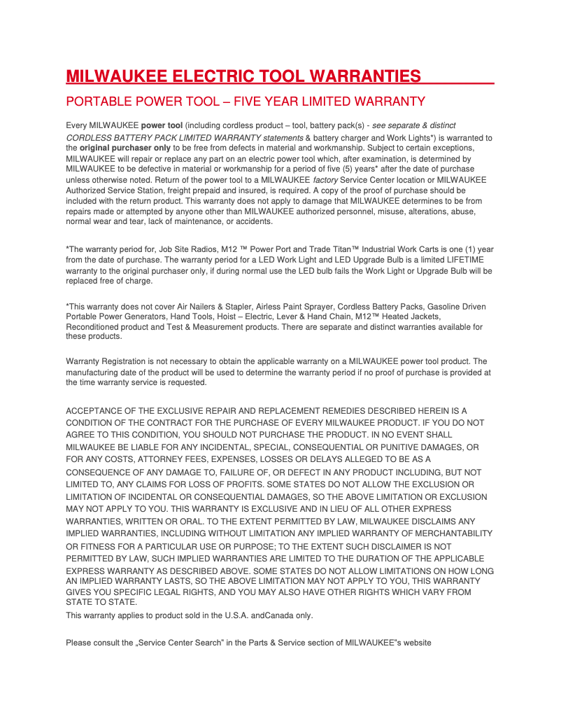 Page 1 de la notice Informations de garantie Milwaukee 0970-20