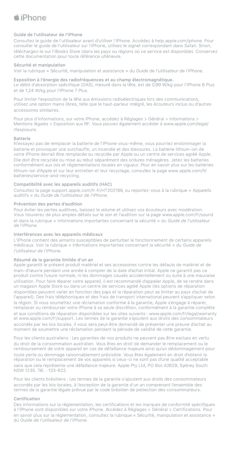 Page 1 de la notice Fiche technique Apple iPhone 7 Plus