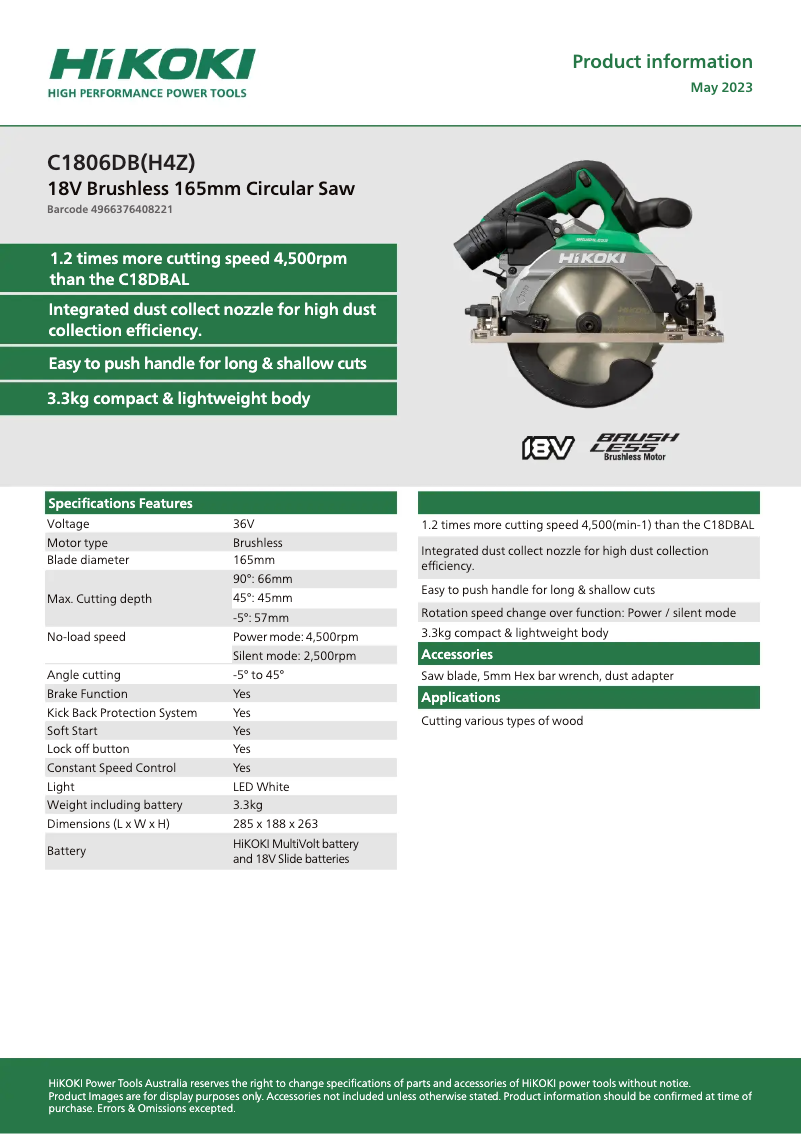 Page 1 de la notice Fiche technique HiKOKI C1806DB