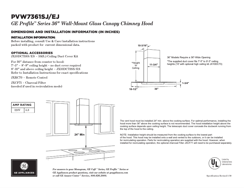 Page 1 of the manual Technical Sheet GE PVW7361EJES