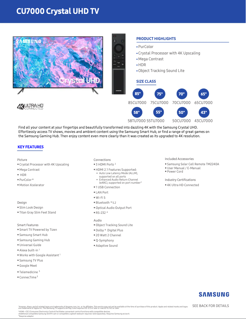 Página 1 del manual Ficha técnica Samsung UN50CU7000F