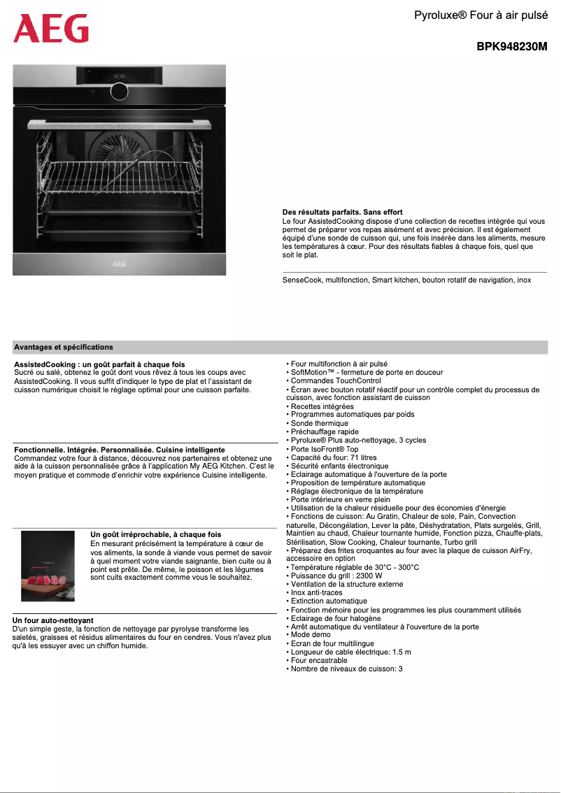 Page 1 de la notice Fiche technique AEG BPK948230M