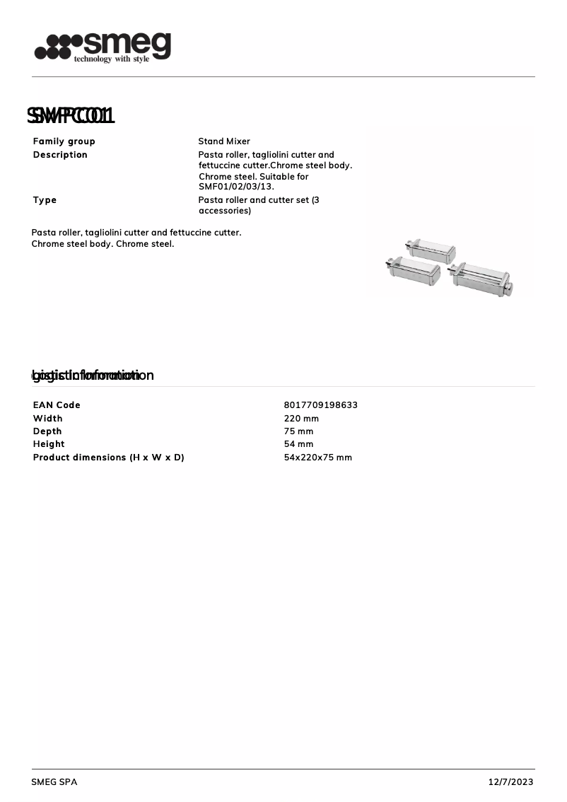 Page 1 de la notice Fiche technique Smeg SMPC01