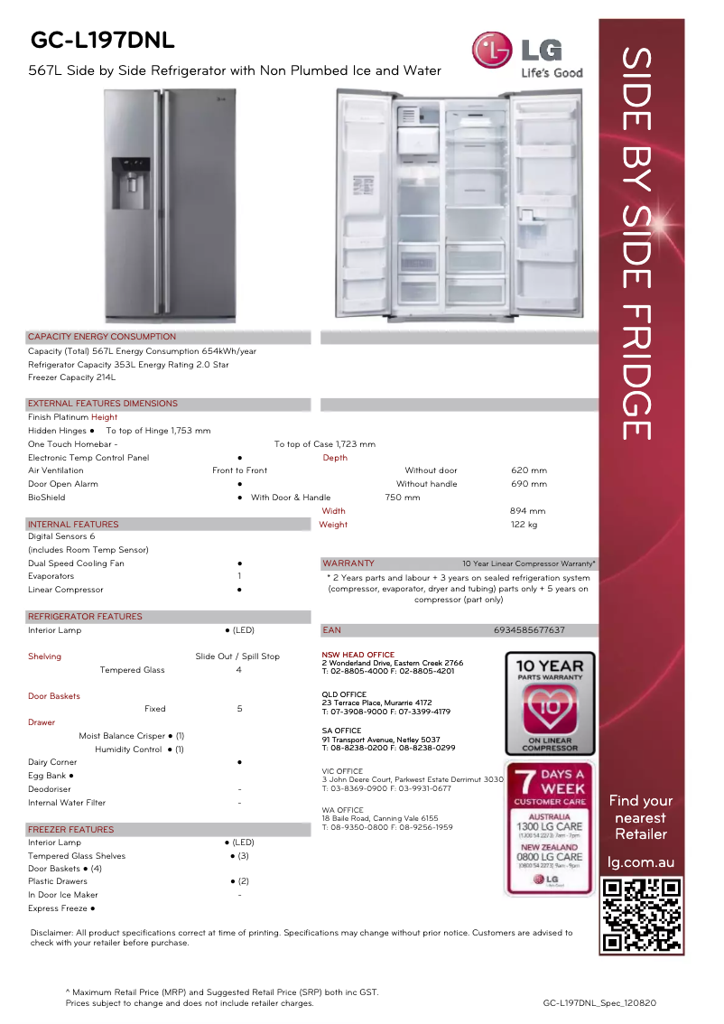 Page 1 de la notice Fiche technique LG GC-L197DWNL